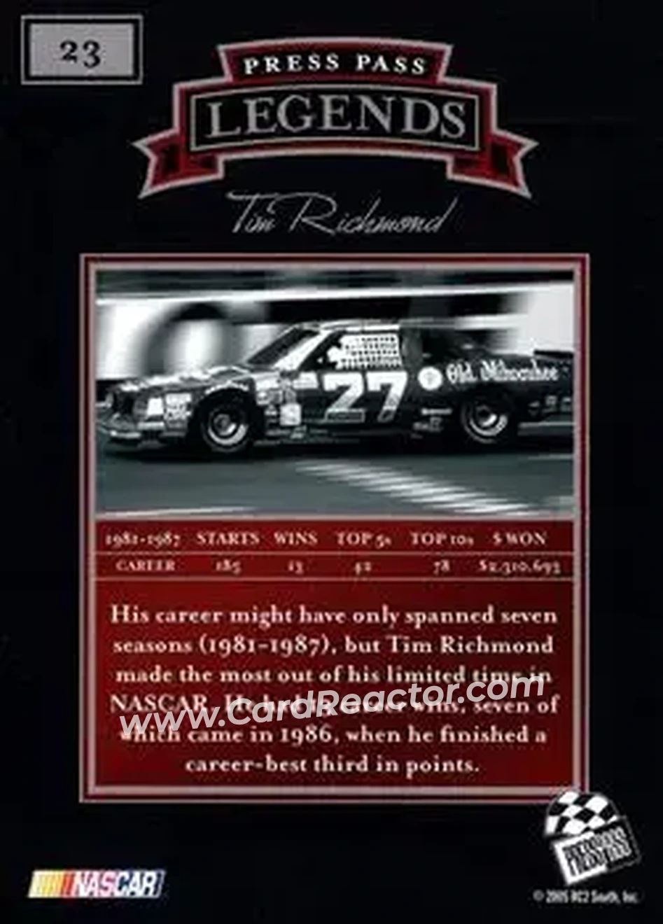 2005 Press Pass Legends #23 - Tim Richmond - Blue Max Racing - Back