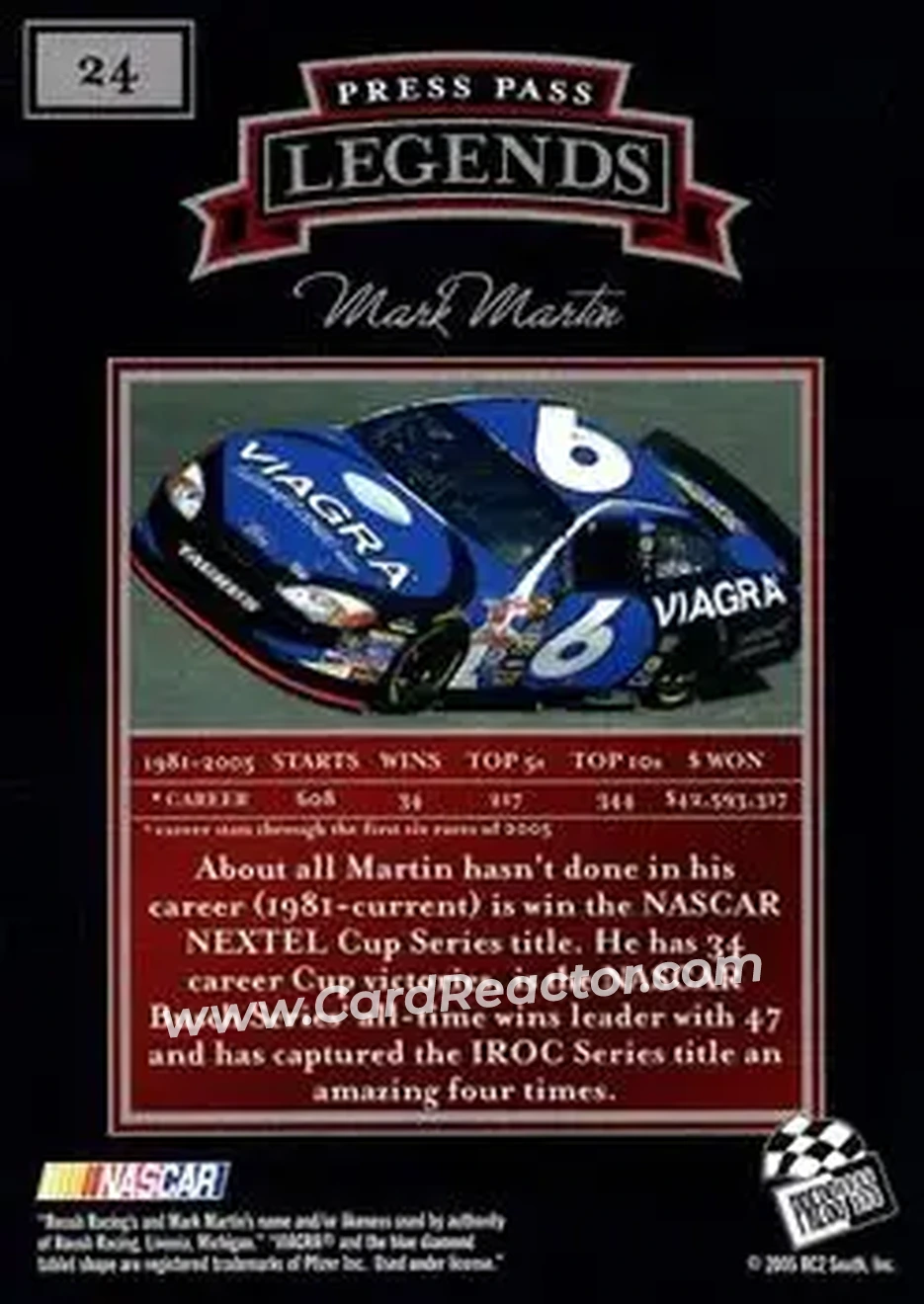 2005 Press Pass Legends #24 - Mark Martin - Roush Racing - Back