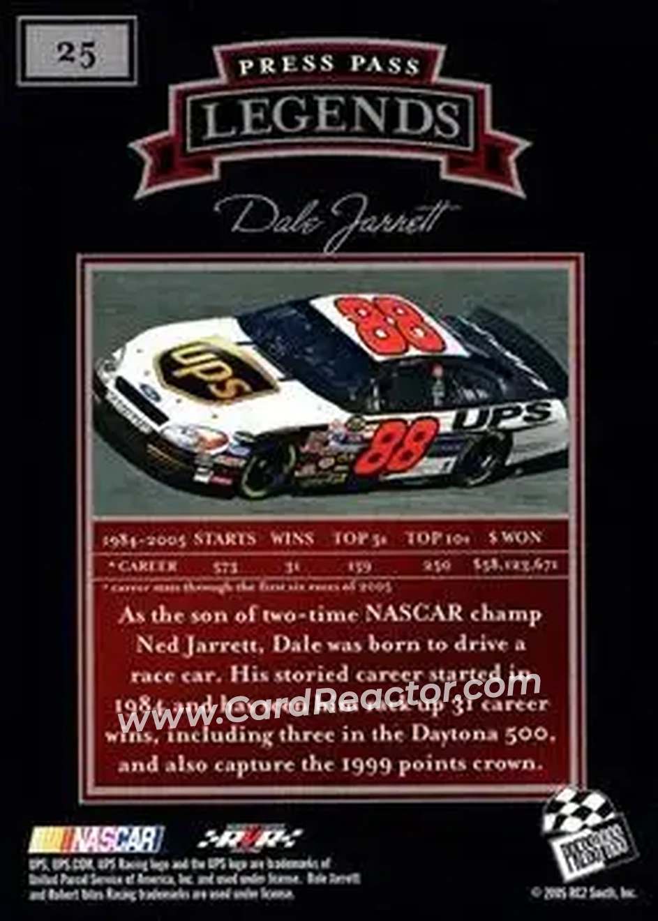 2005 Press Pass Legends #25 - Dale Jarrett - Robert Yates Racing - Back