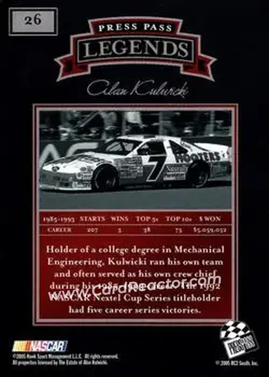 2005 Press Pass Legends #26 - Alan Kulwicki - AK Racing - Back