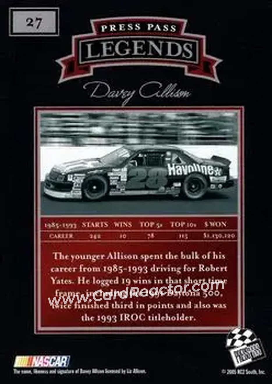2005 Press Pass Legends #27 - Davey Allison - Back