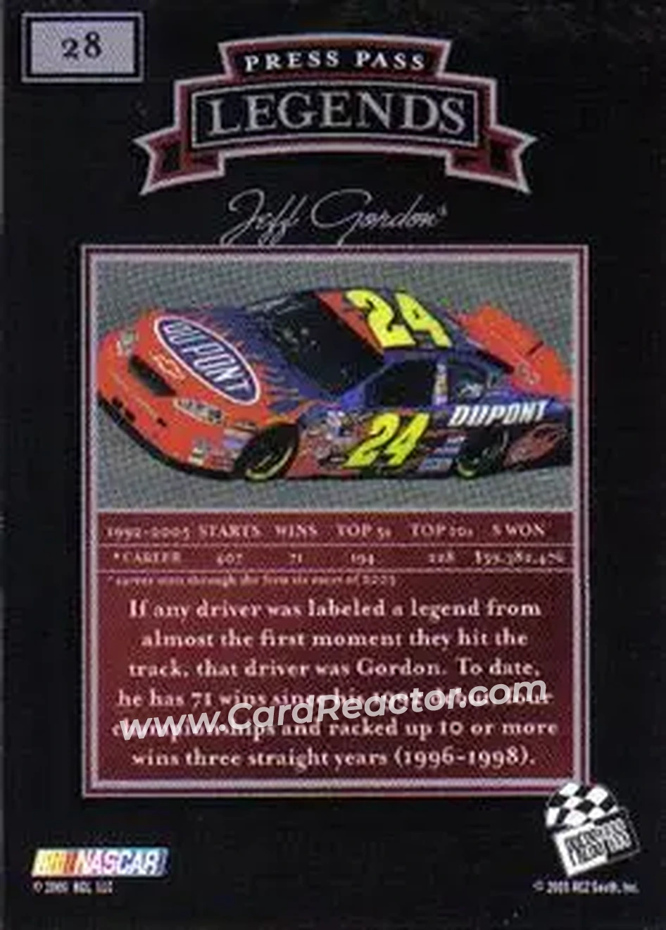 2005 Press Pass Legends #28 - Jeff Gordon - Hendrick Motorsports - Back 2005 Press Pass Legends #28 - Jeff Gordon - Hendrick Motorsports - Back