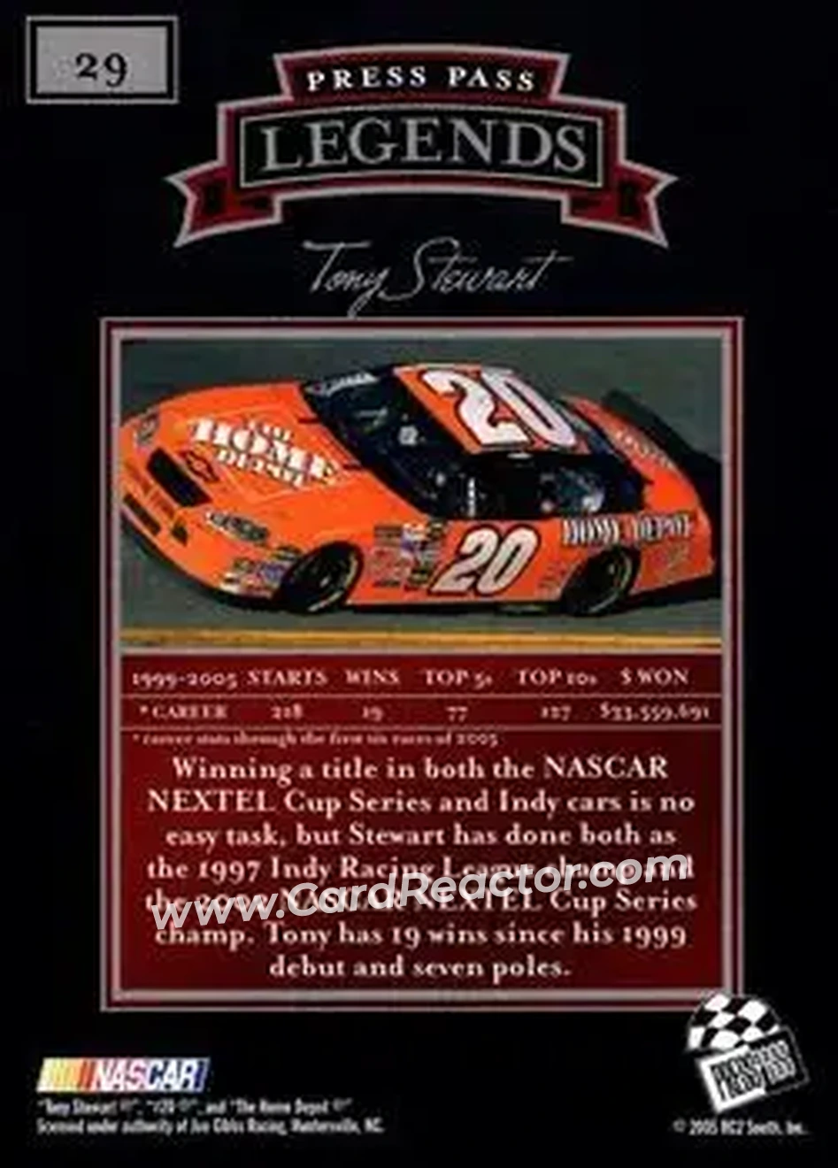 2005 Press Pass Legends #29 - Tony Stewart - Joe Gibbs Racing - Back