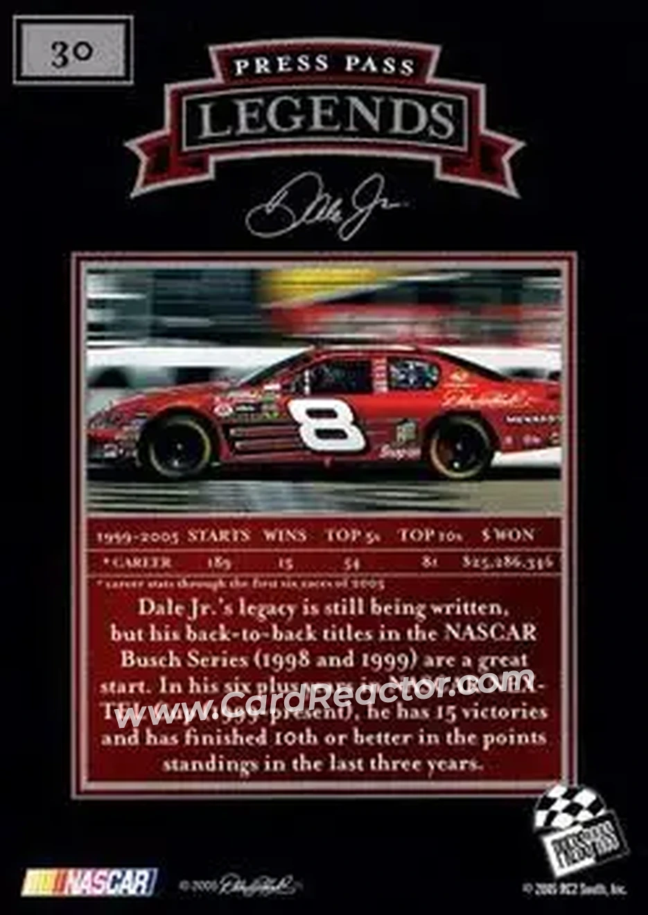2005 Press Pass Legends #30 - Dale Earnhardt Jr - Dale Earnhardt Inc. - Back 2005 Press Pass Legends #30 - Dale Earnhardt Jr - Dale Earnhardt Inc. - Back