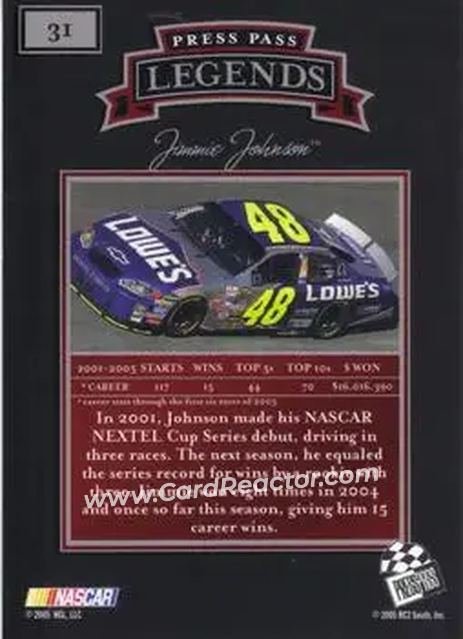 2005 Press Pass Legends #31 - Jimmie Johnson - Hendrick Motorsports - Back 2005 Press Pass Legends #31 - Jimmie Johnson - Hendrick Motorsports - Back