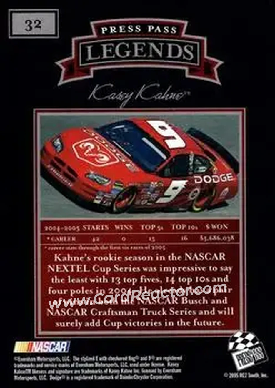2005 Press Pass Legends #32 - Kasey Kahne - Evernham Motorsports - Back