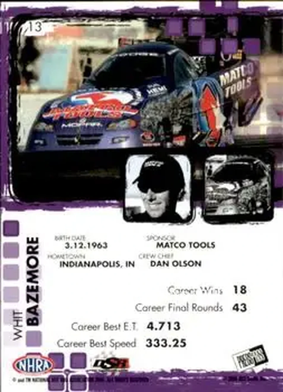 2005 Press Pass NHRA #13 - Whit Bazemore - Back