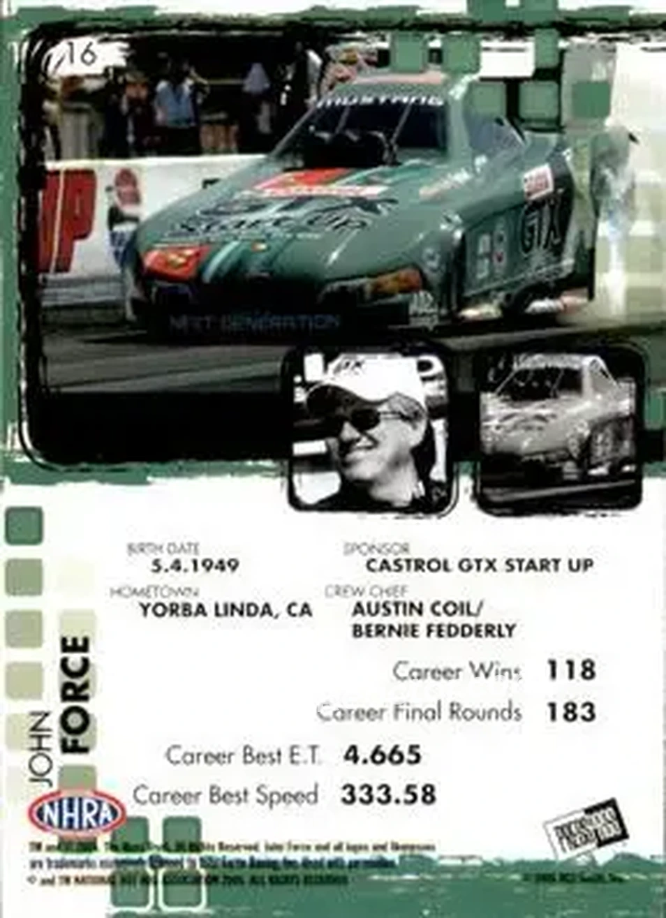 2005 Press Pass NHRA #16 - John Force - John Force Racing - Back