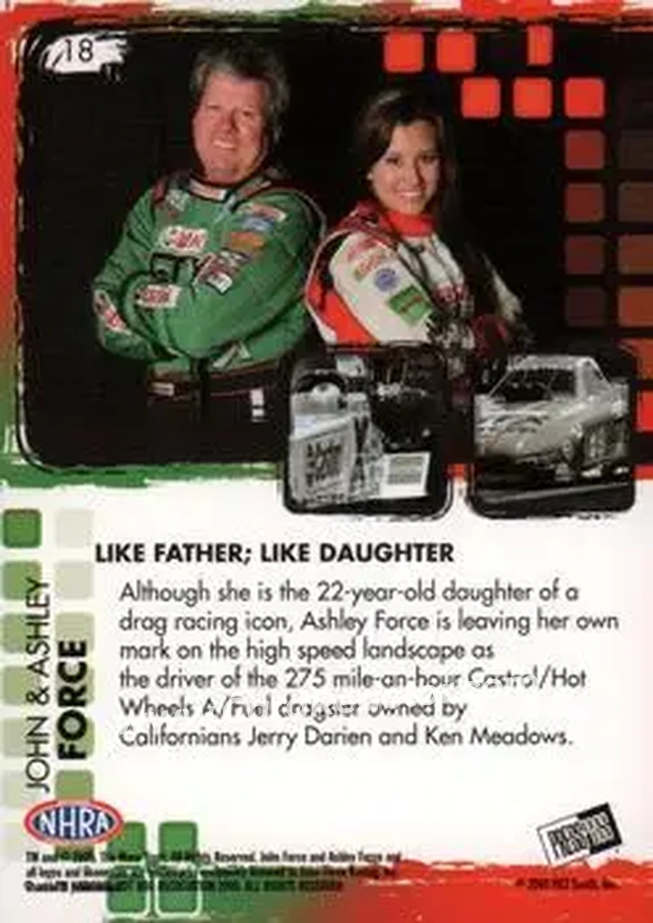 2005 Press Pass NHRA #18 - John Force - Ashley Force RC - John Force Racing - John Force Racing - Back