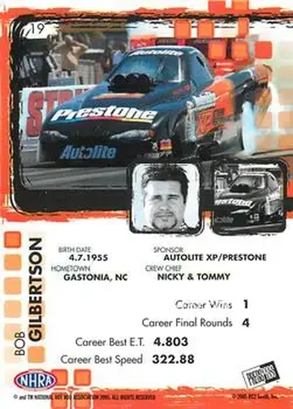 2005 Press Pass NHRA #19 - Bob Gilbertson - Back
