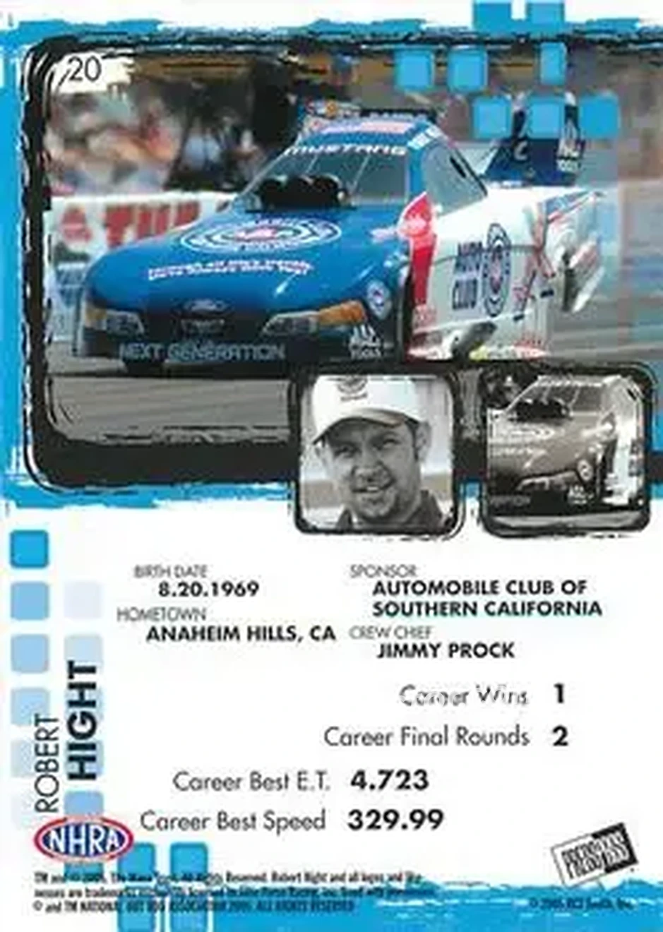 2005 Press Pass NHRA #20 - Robert Hight - Back 2005 Press Pass NHRA #20 - Robert Hight - Back