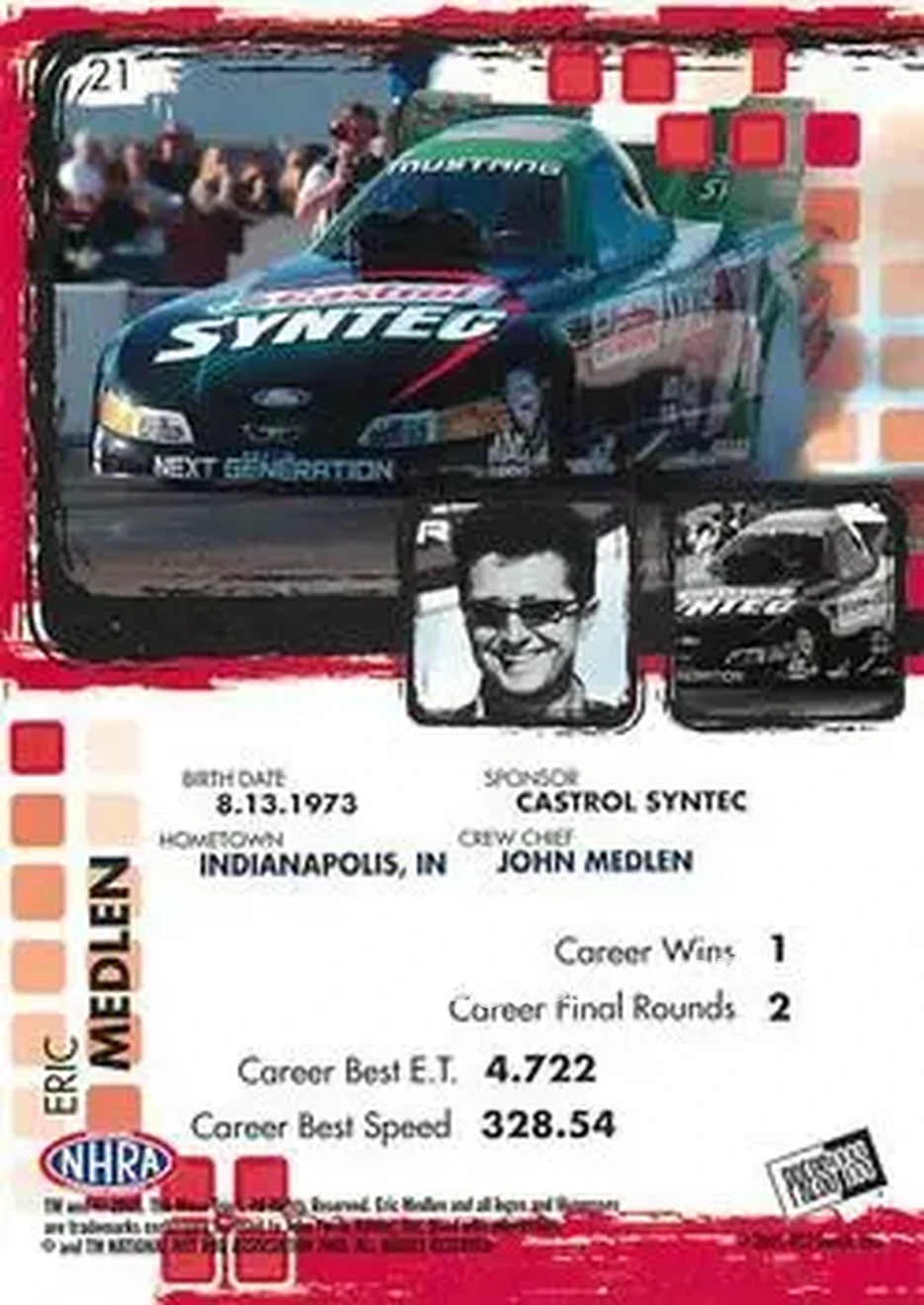 2005 Press Pass NHRA #21 - Eric Medlen - Back 2005 Press Pass NHRA #21 - Eric Medlen - Back