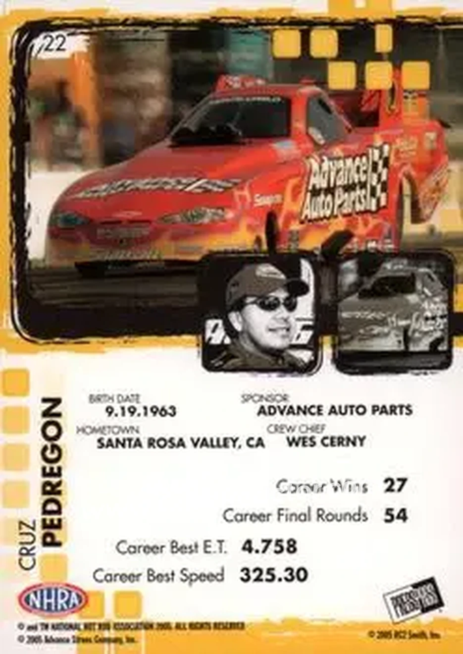 2005 Press Pass NHRA #22 - Cruz Pedregon - Back