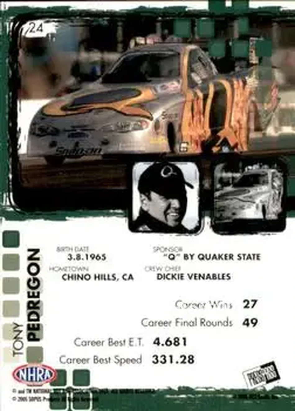 2005 Press Pass NHRA #24 - Tony Pedregon - Back