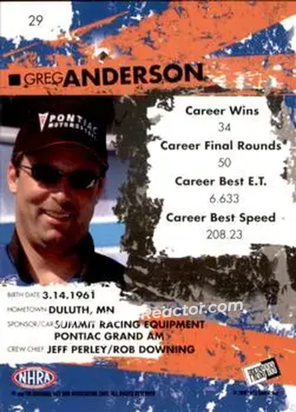 2005 Press Pass NHRA #29 - Greg Anderson - Back