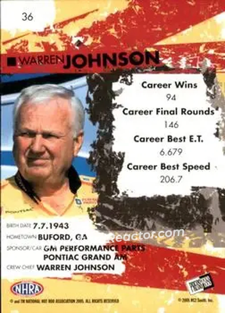 2005 Press Pass NHRA #36 - Warren Johnson - Back