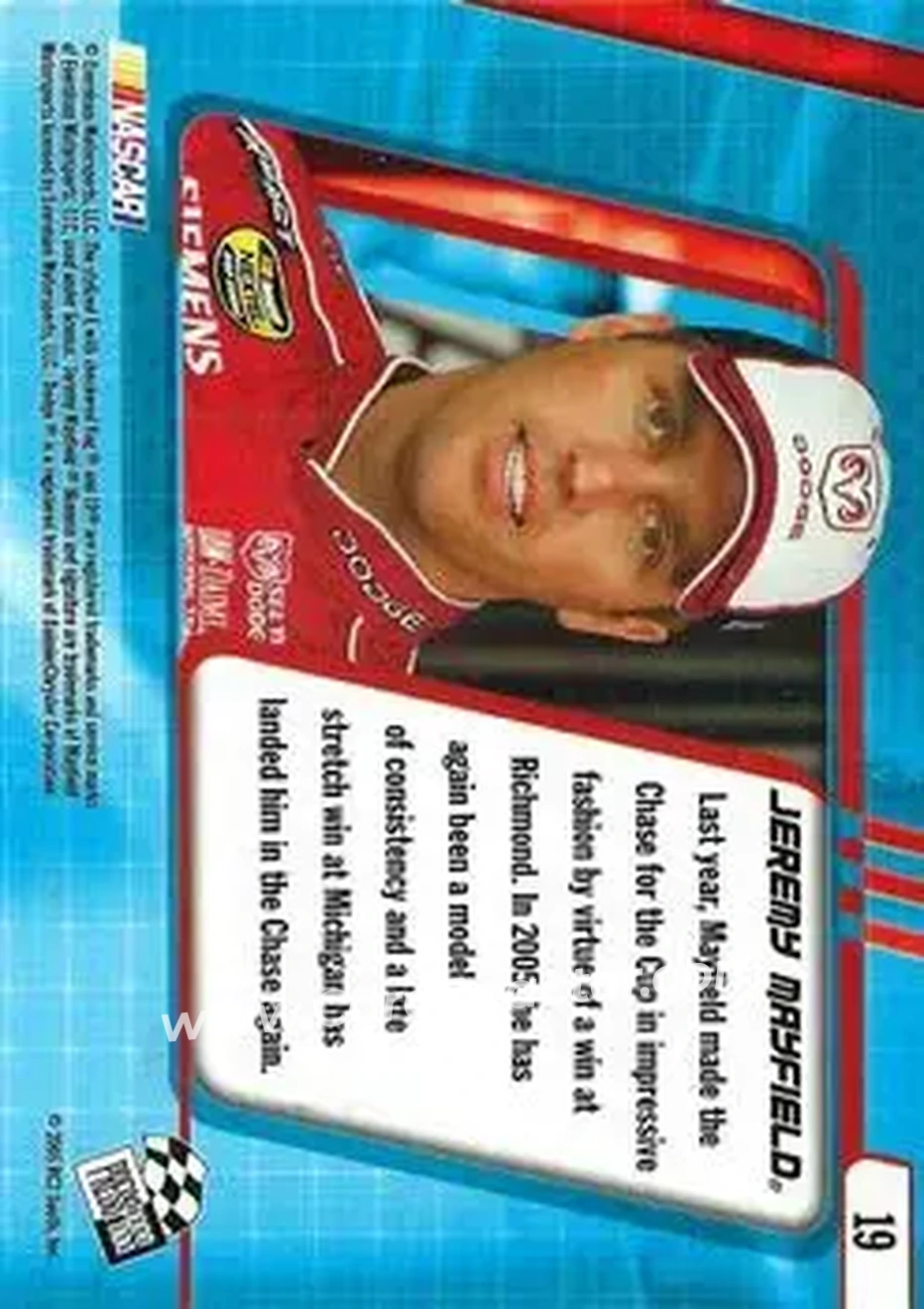 2005 Press Pass Optima #19 - Jeremy Mayfield - Evernham Motorsports - Back