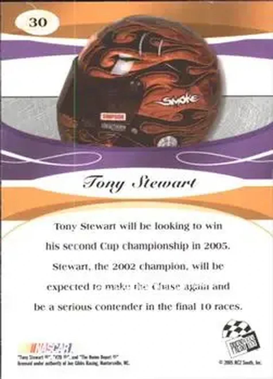 2005 Press Pass Premium #30 - Tony Stewart - Joe Gibbs Racing - Back 2005 Press Pass Premium #30 - Tony Stewart - Joe Gibbs Racing - Back