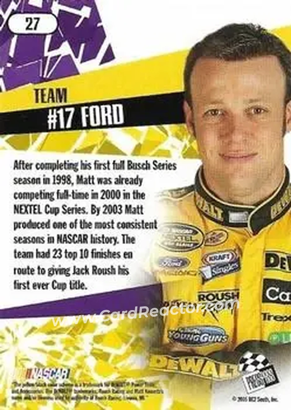 2005 Press Pass Stealth #27 - Matt Kenseth - Roush Racing - Back 2005 Press Pass Stealth #27 - Matt Kenseth - Roush Racing - Back