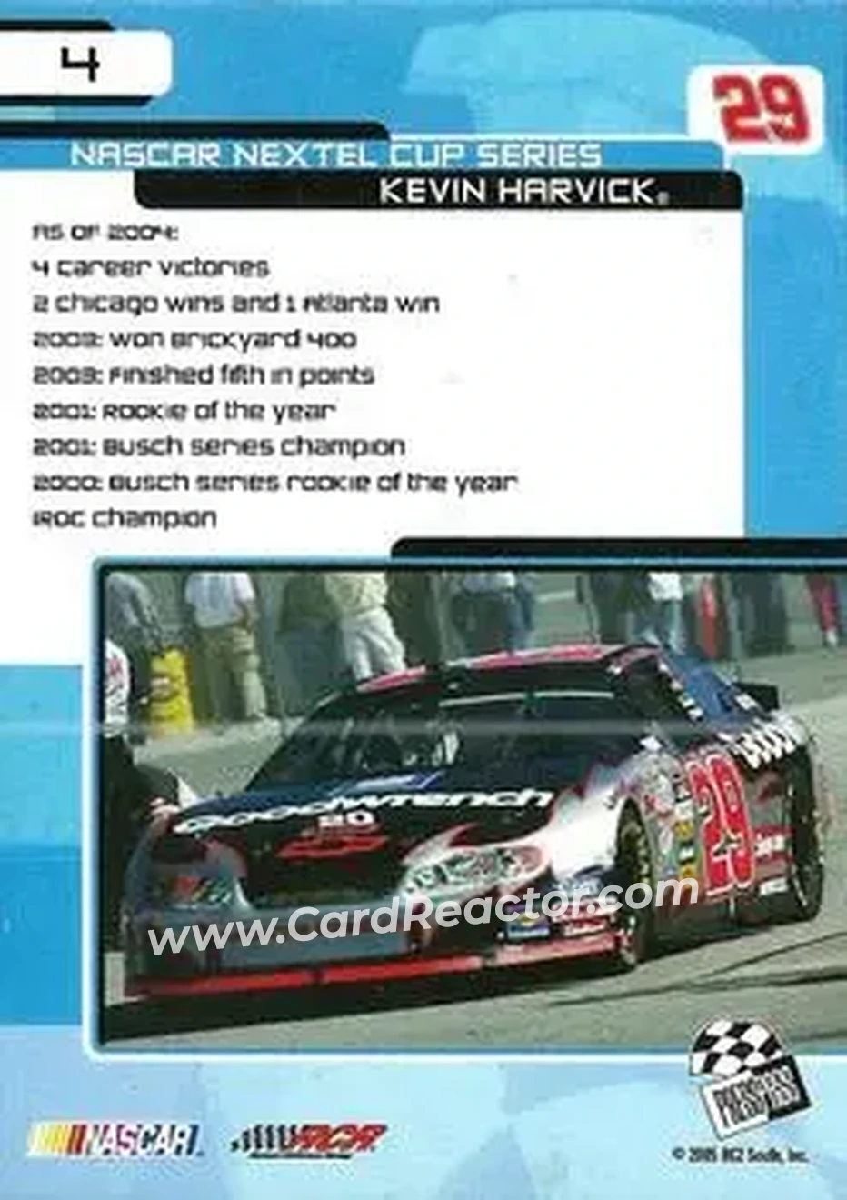 2005 Press Pass Trackside #4 - Kevin Harvick - Richard Childress Racing - Back