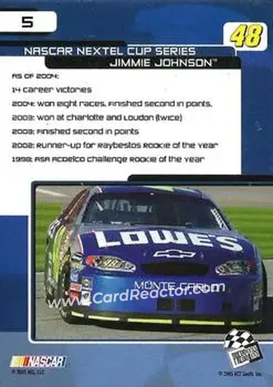 2005 Press Pass Trackside #5 - Jimmie Johnson - Hendrick Motorsports - Back