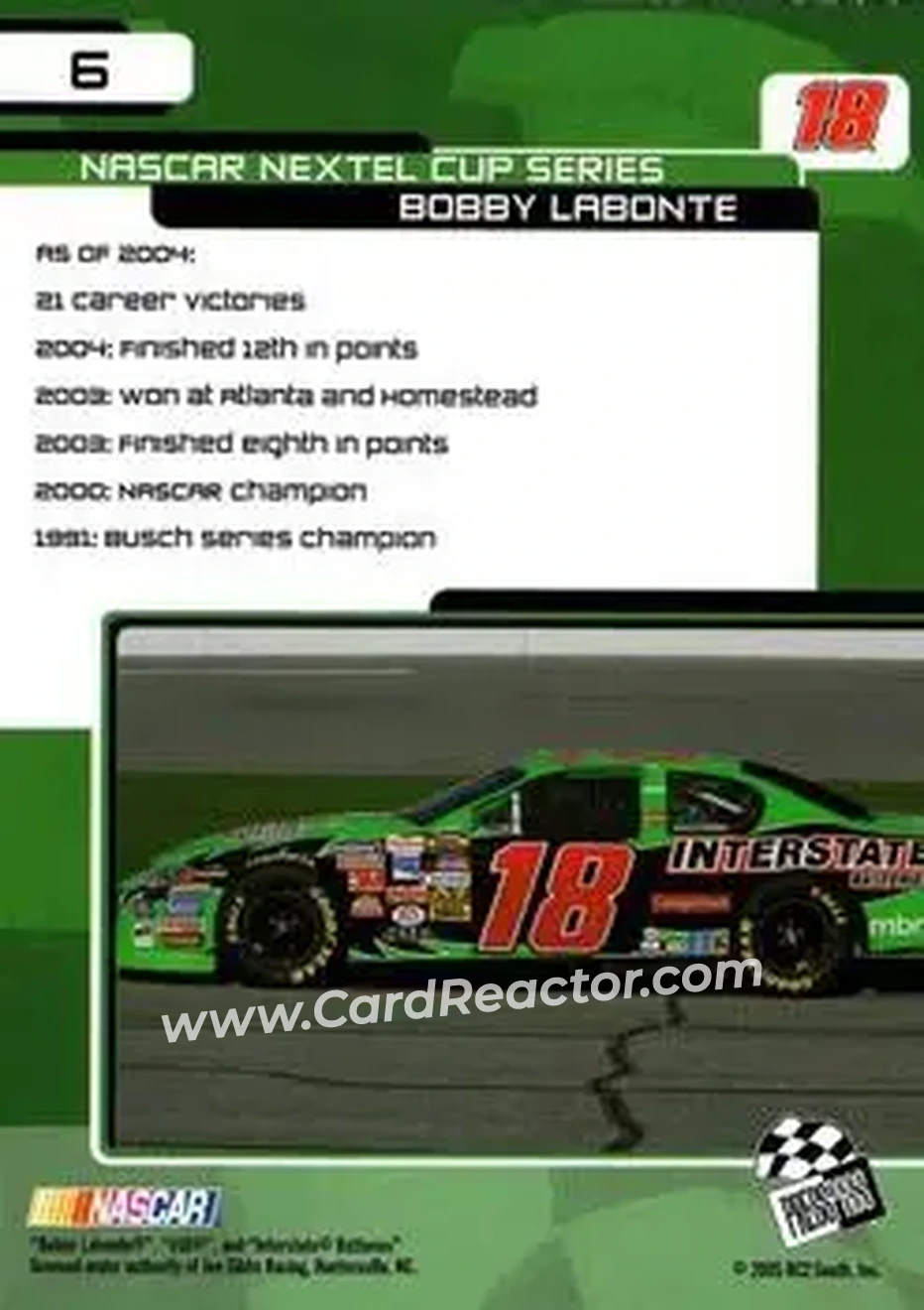 2005 Press Pass Trackside #6 - Bobby Labonte - Joe Gibbs Racing - Back 2005 Press Pass Trackside #6 - Bobby Labonte - Joe Gibbs Racing - Back