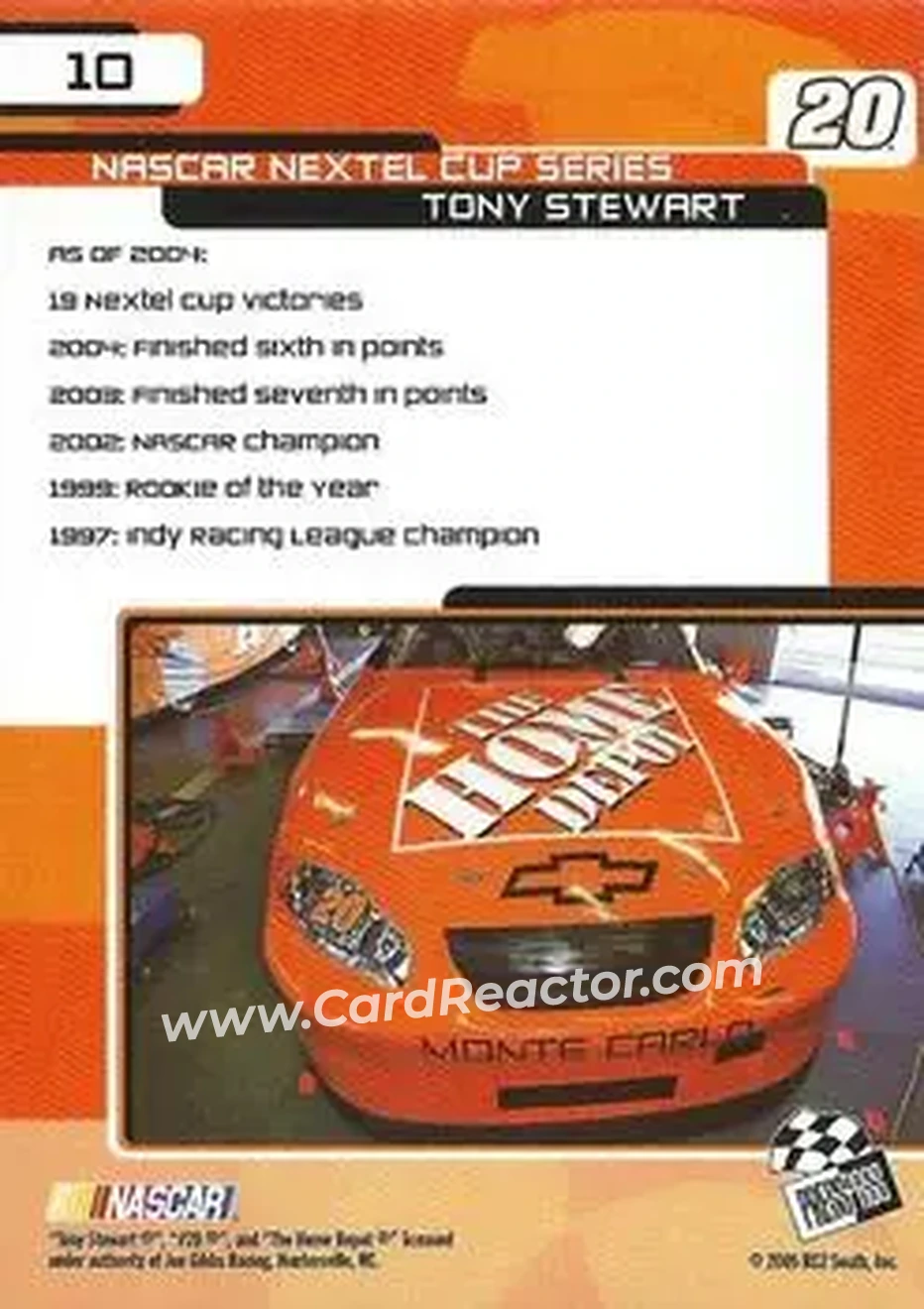 2005 Press Pass Trackside #10 - Tony Stewart - Joe Gibbs Racing - Back