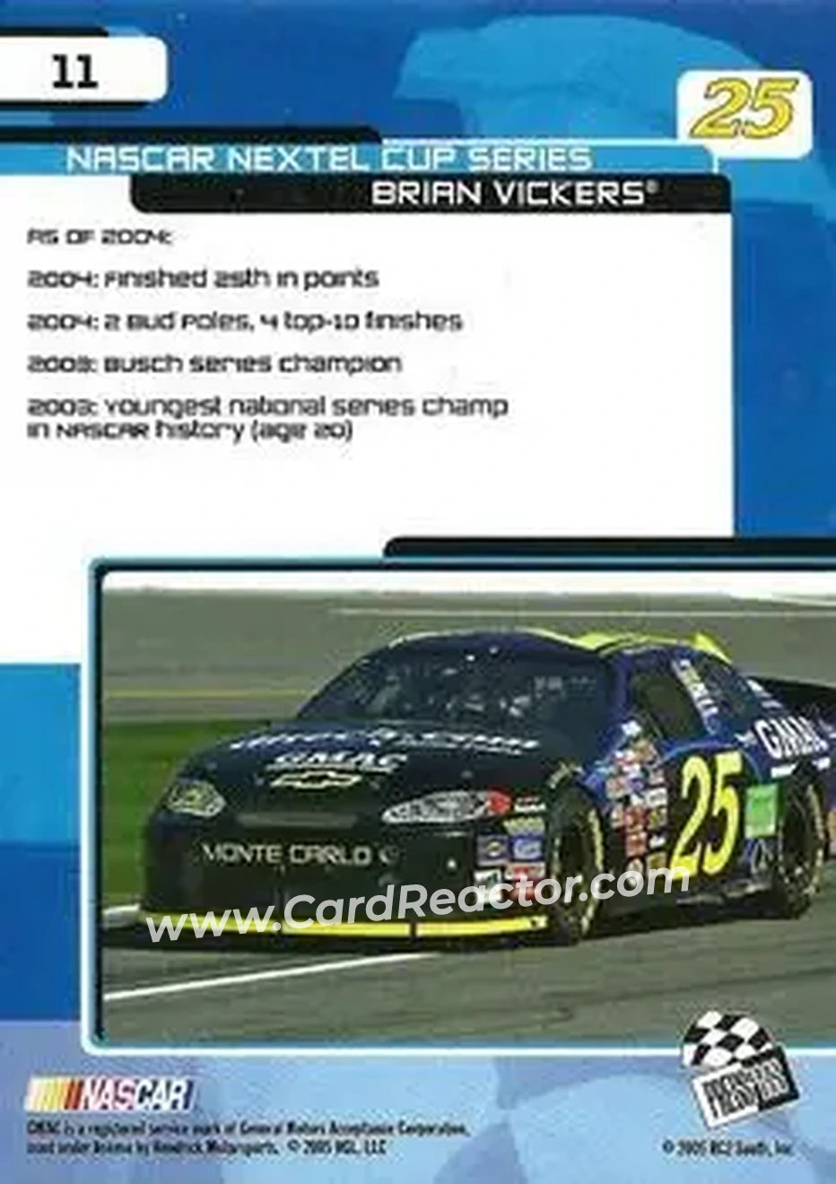 2005 Press Pass Trackside #11 - Brian Vickers - Hendrick Motorsports - Back