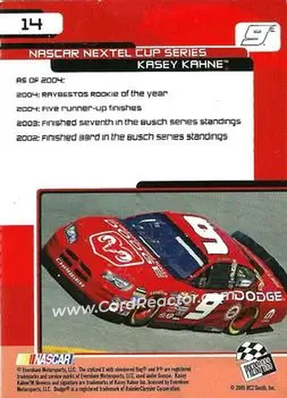 2005 Press Pass Trackside #14 - Kasey Kahne - Evernham Motorsports - Back