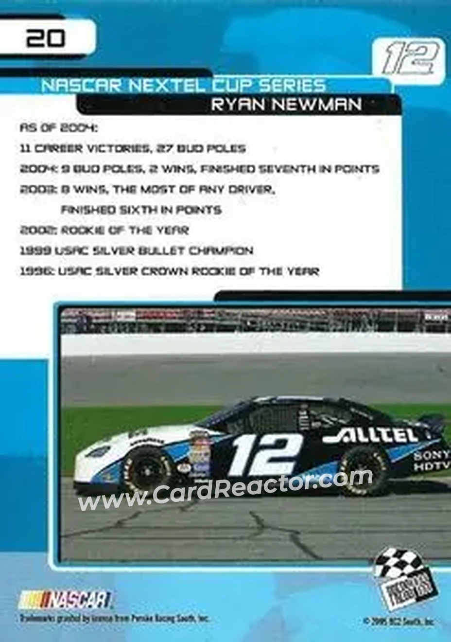 2005 Press Pass Trackside #20 - Ryan Newman - Penske Racing South - Back 2005 Press Pass Trackside #20 - Ryan Newman - Penske Racing South - Back