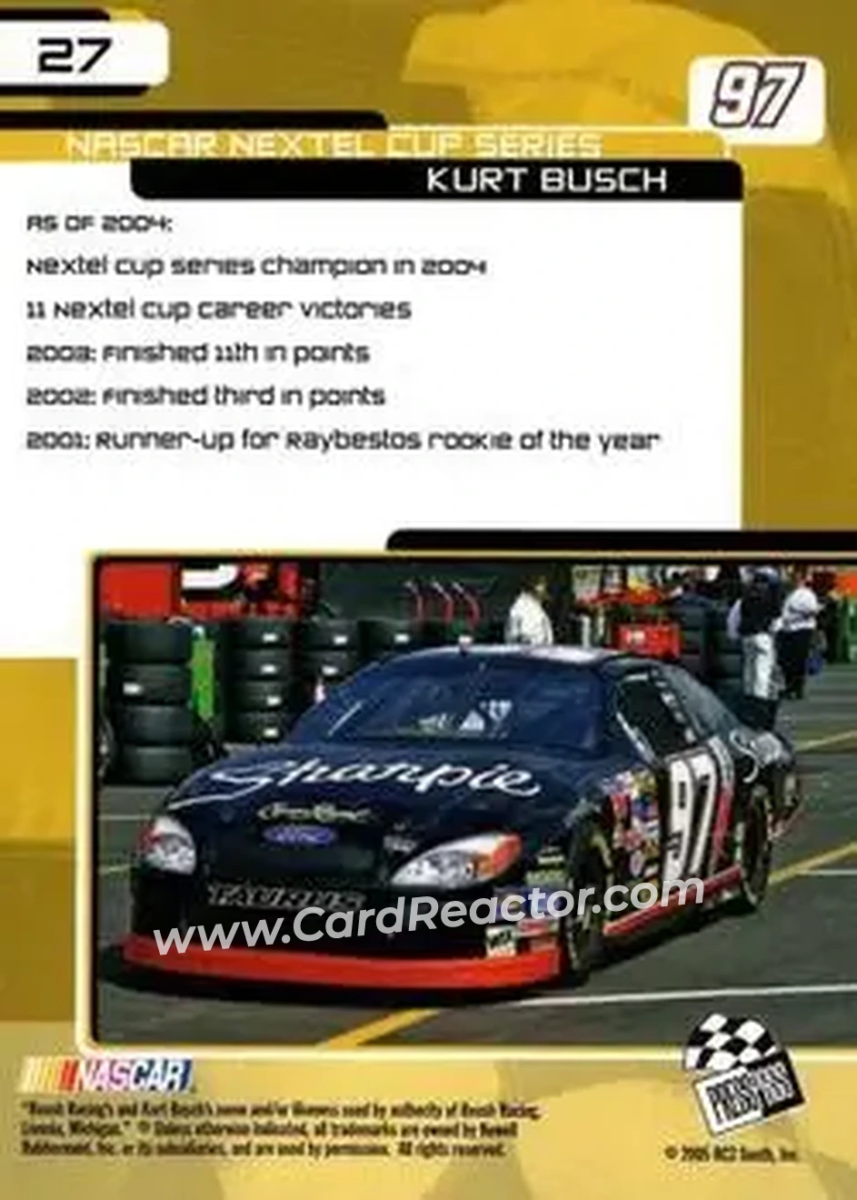 2005 Press Pass Trackside #27 - Kurt Busch - Roush Racing - Back 2005 Press Pass Trackside #27 - Kurt Busch - Roush Racing - Back
