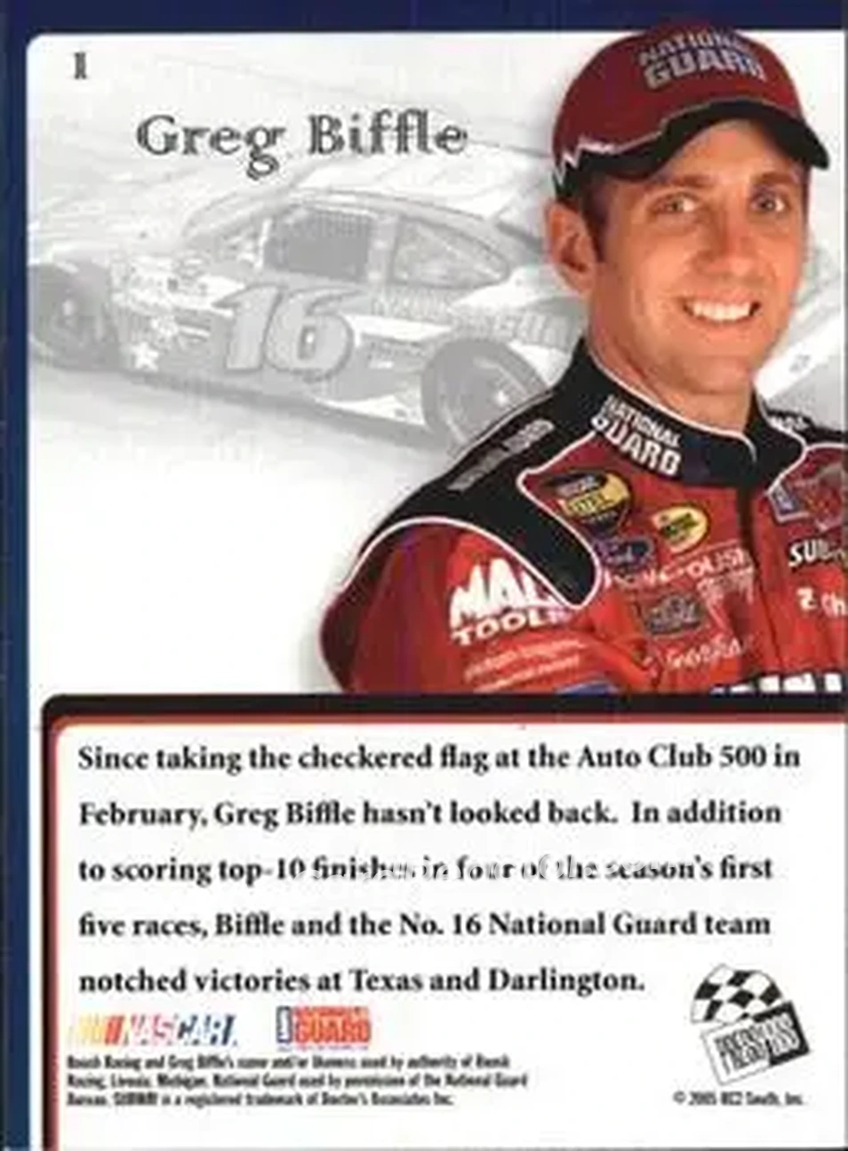 2005 Press Pass VIP #1 - Greg Biffle - Roush Racing - Back 2005 Press Pass VIP #1 - Greg Biffle - Roush Racing - Back