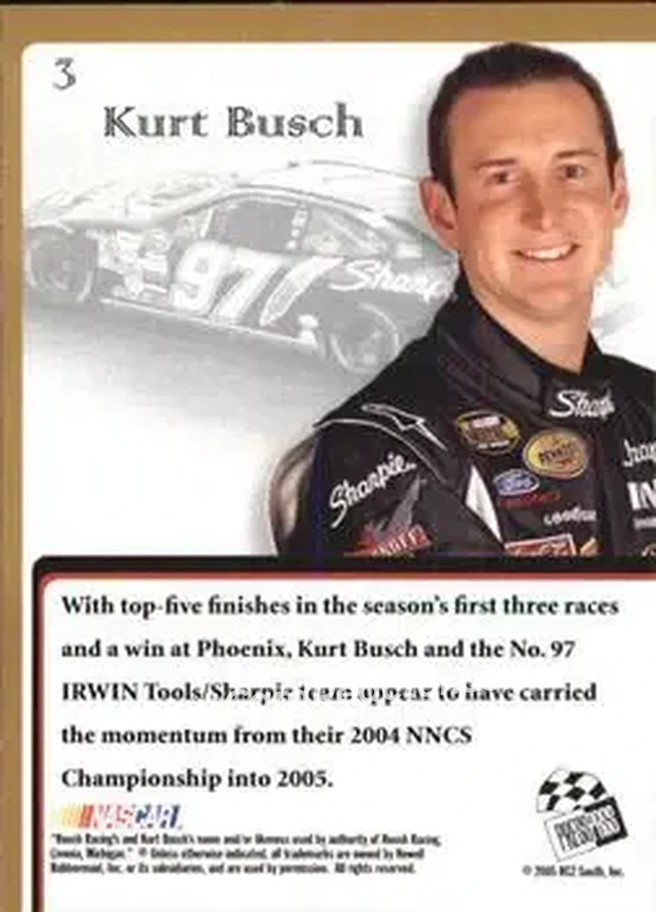 2005 Press Pass VIP #3 - Kurt Busch - Roush Racing - Back 2005 Press Pass VIP #3 - Kurt Busch - Roush Racing - Back