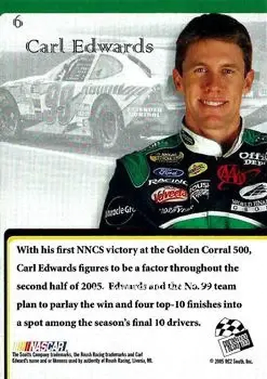 2005 Press Pass VIP #6 - Carl Edwards - Roush Racing - Back 2005 Press Pass VIP #6 - Carl Edwards - Roush Racing - Back