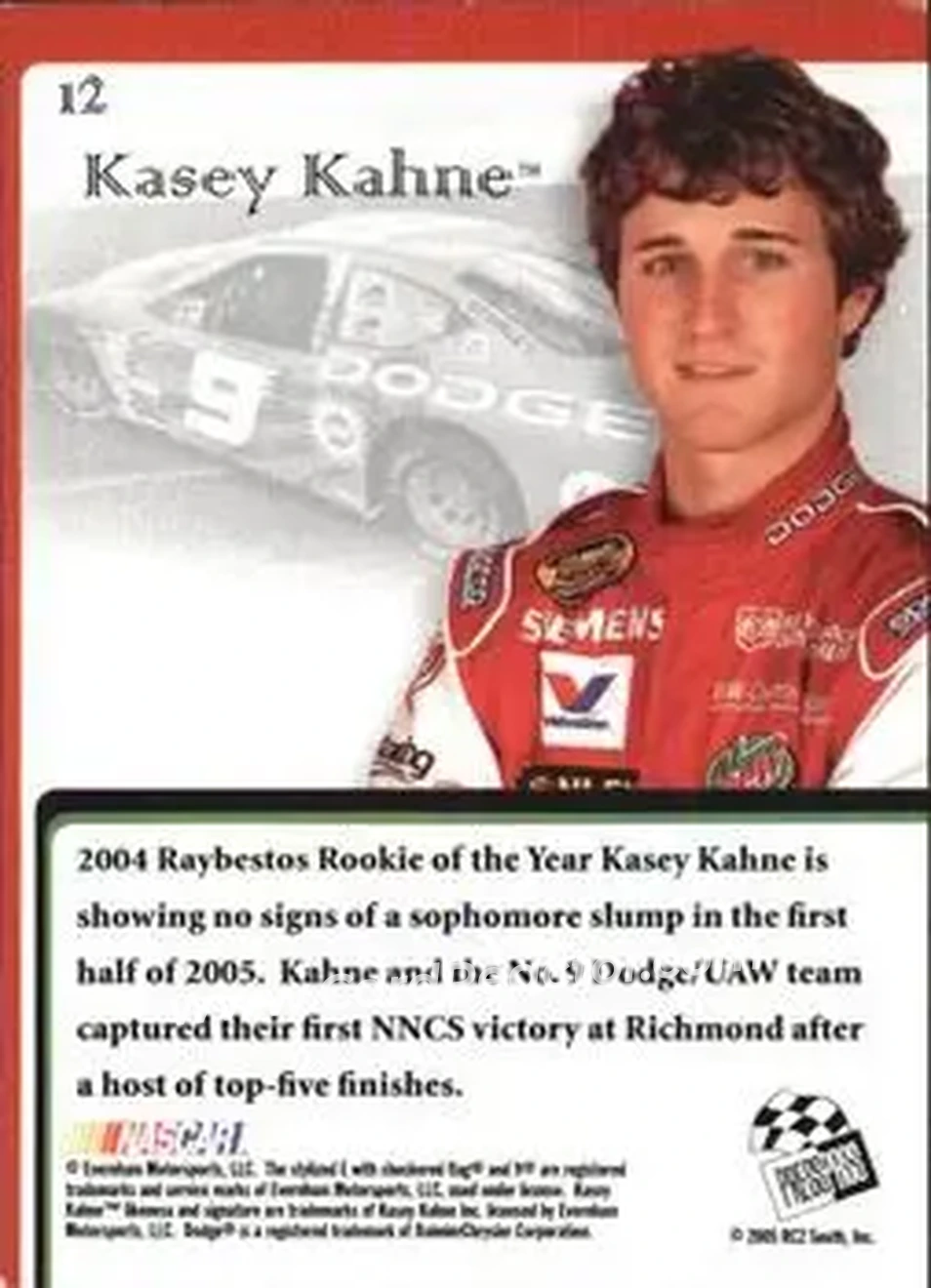 2005 Press Pass VIP #12 - Kasey Kahne - Evernham Motorsports - Back