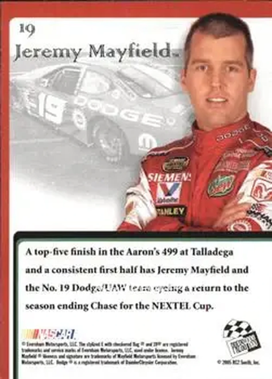 2005 Press Pass VIP #19 - Jeremy Mayfield - Evernham Motorsports - Back