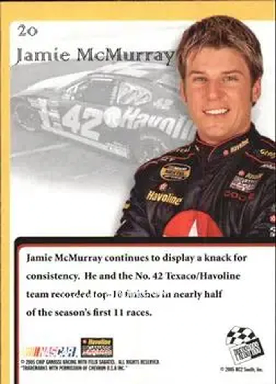 2005 Press Pass VIP #20 - Jamie McMurray - Chip Ganassi Racing with Felix Sabates - Back