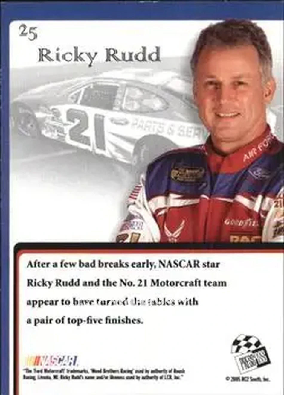 2005 Press Pass VIP #25 - Ricky Rudd - Wood Brothers Racing - Back