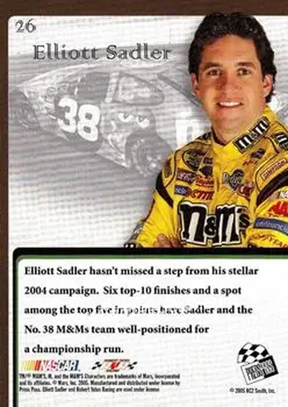 2005 Press Pass VIP #26 - Elliott Sadler - Robert Yates Racing - Back
