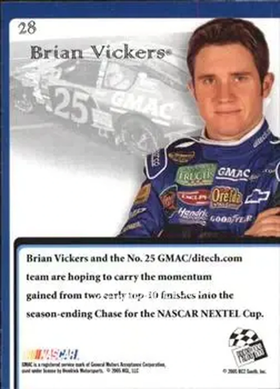 2005 Press Pass VIP #28 - Brian Vickers - Hendrick Motorsports - Back 2005 Press Pass VIP #28 - Brian Vickers - Hendrick Motorsports - Back