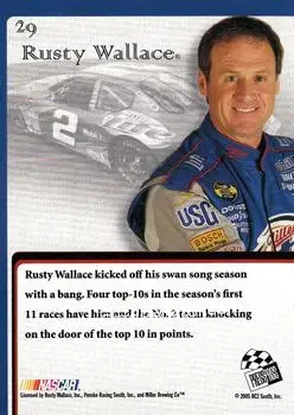 2005 Press Pass VIP #29 - Rusty Wallace - Penske Racing South - Back