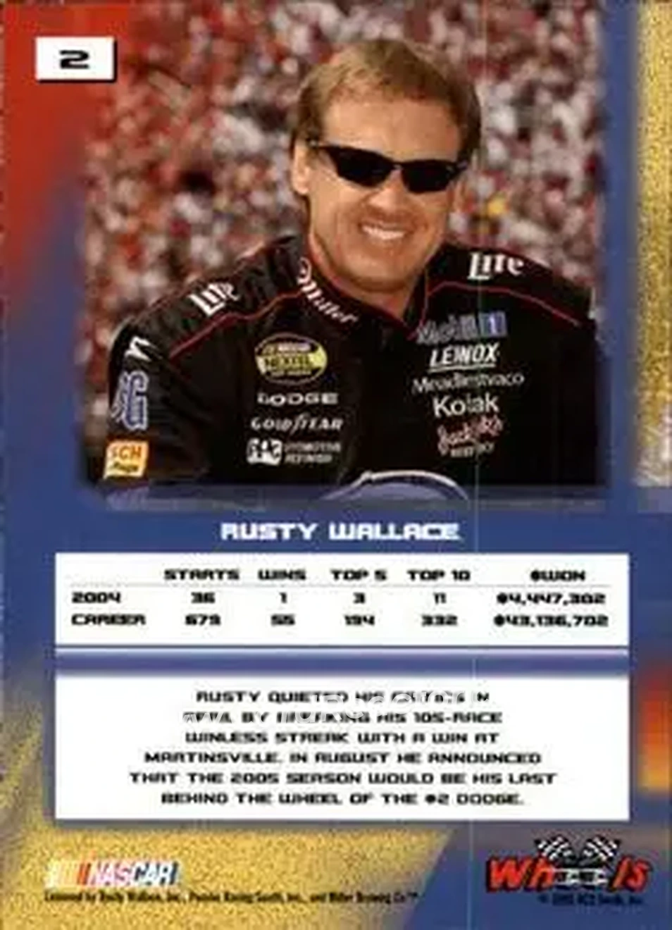 2005 Wheels High Gear #2 - Rusty Wallace - Penske Racing South - Back 2005 Wheels High Gear #2 - Rusty Wallace - Penske Racing South - Back