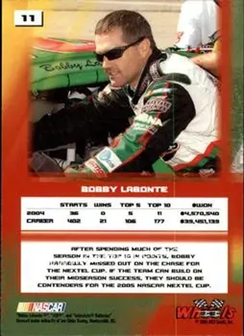 2005 Wheels High Gear #11 - Bobby Labonte - Joe Gibbs Racing - Back 2005 Wheels High Gear #11 - Bobby Labonte - Joe Gibbs Racing - Back