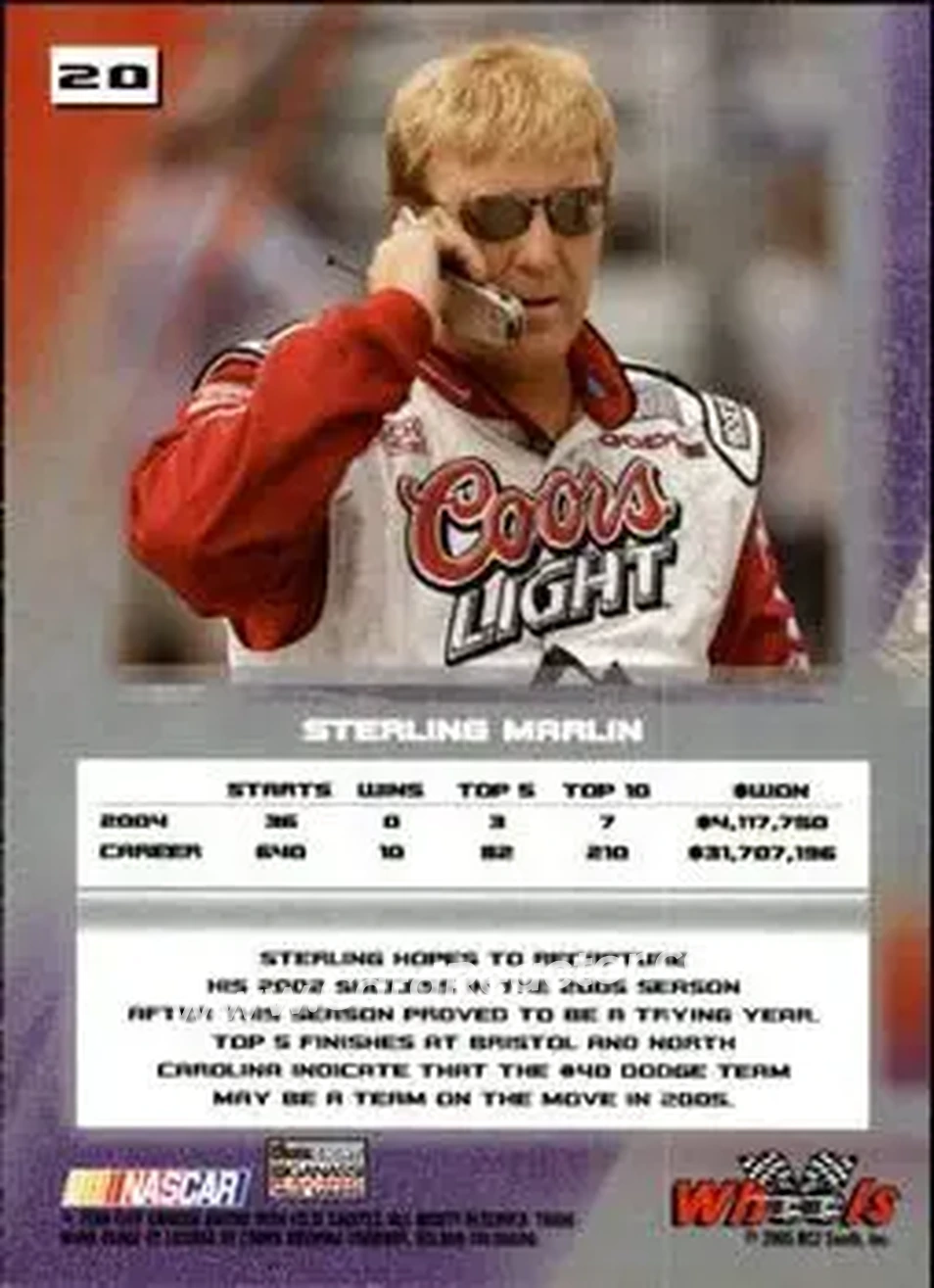 2005 Wheels High Gear #20 - Sterling Marlin - Chip Ganassi Racing with Felix Sabates - Back