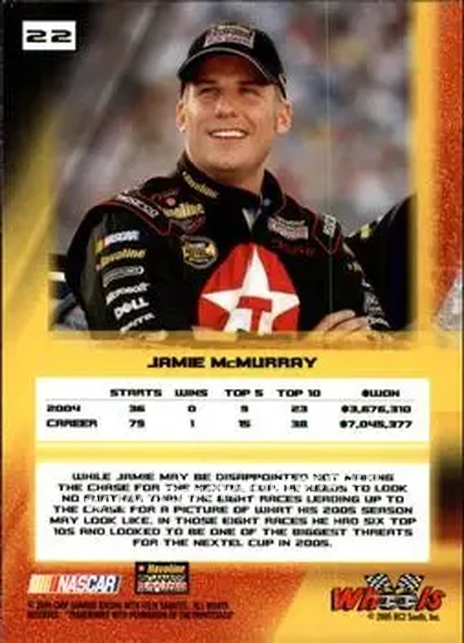 2005 Wheels High Gear #22 - Jamie McMurray - Chip Ganassi Racing with Felix Sabates - Back
