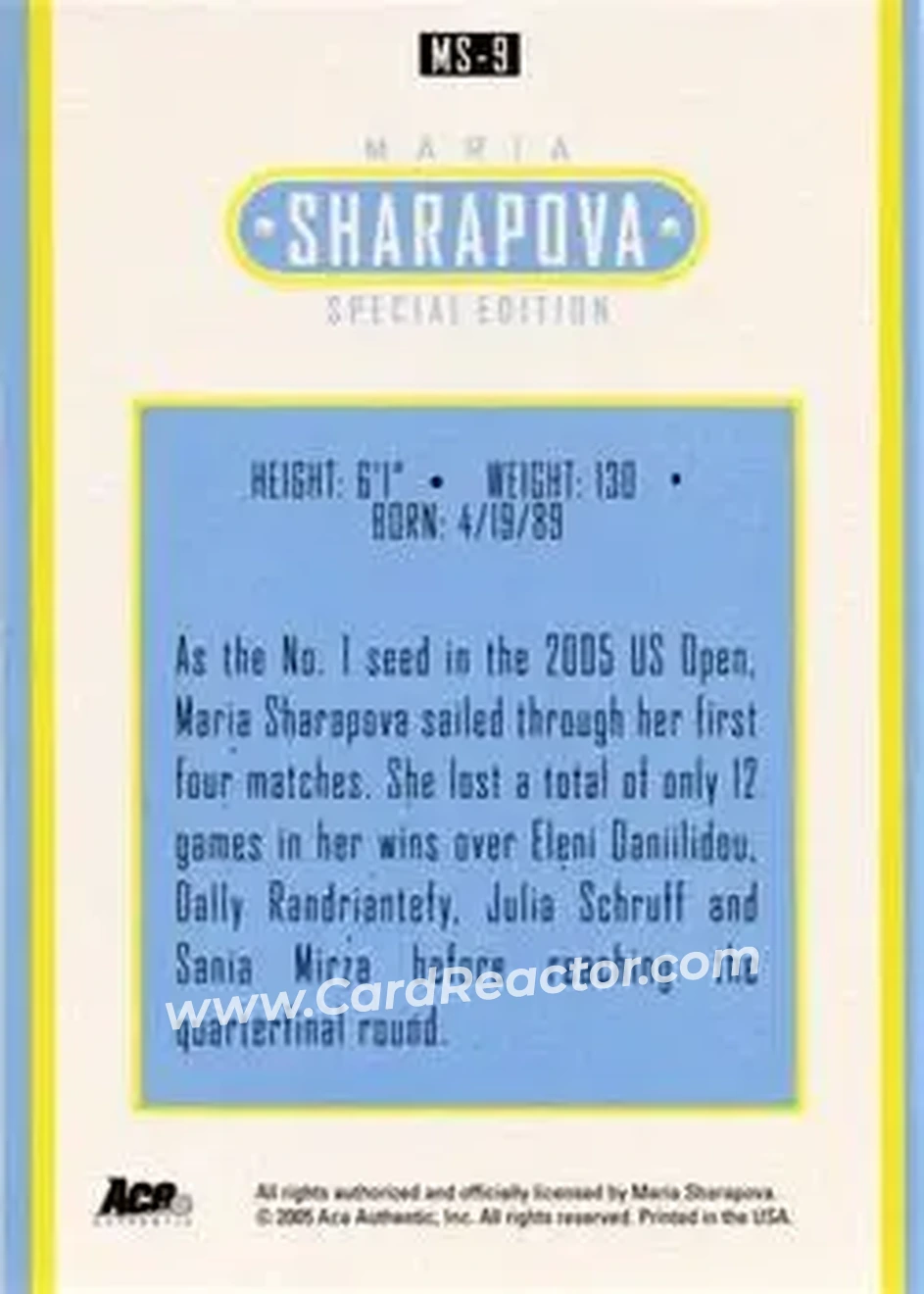 2005 Ace Authentic Sharapova SE #MS-9 - Maria Sharapova - Back