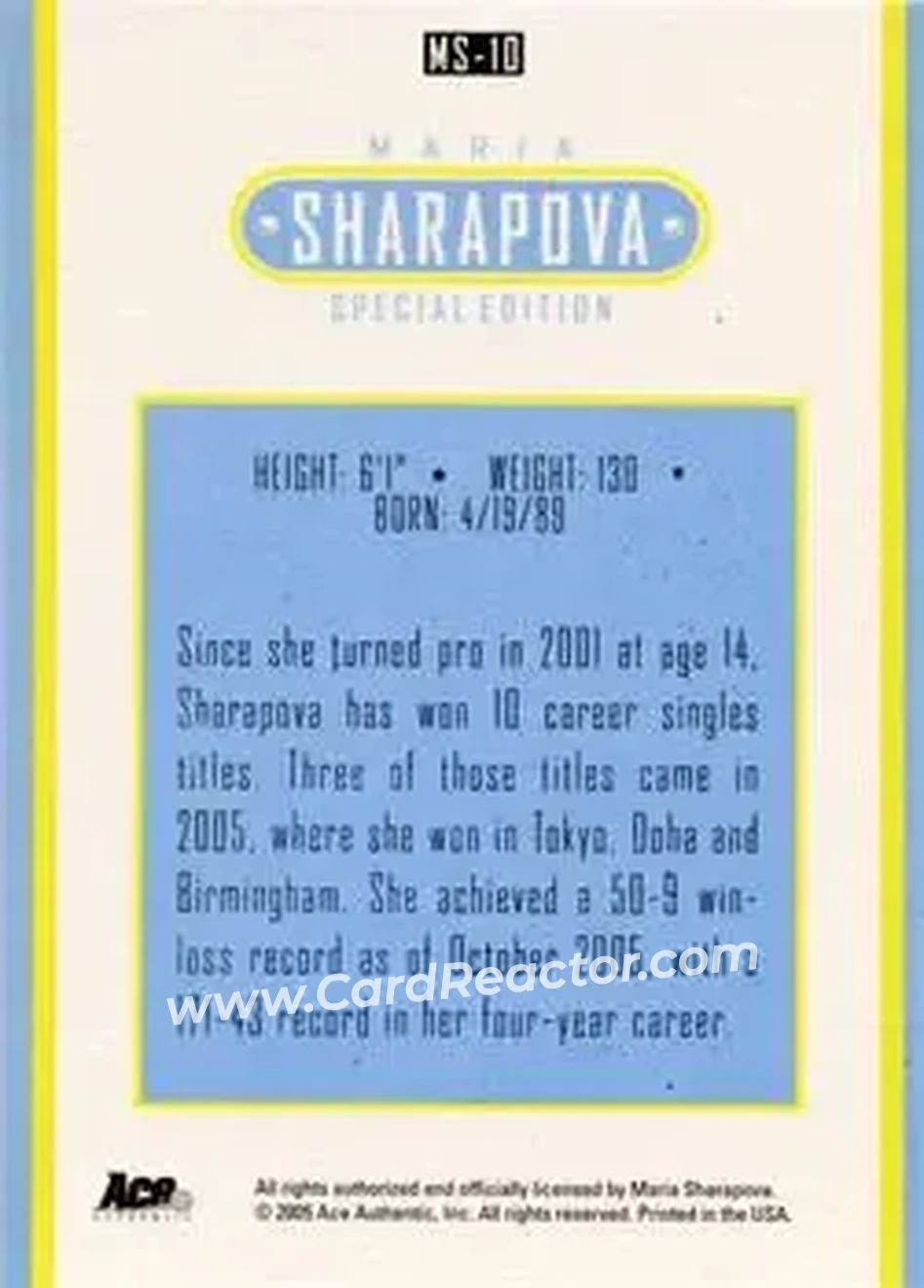 2005 Ace Authentic Sharapova SE #MS-10 - Maria Sharapova - Back