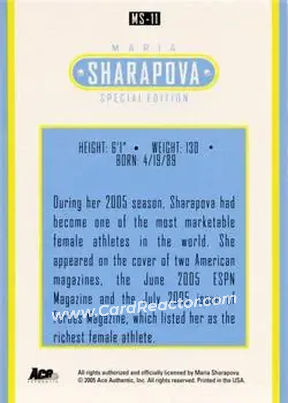 2005 Ace Authentic Sharapova SE #MS-11 - Maria Sharapova - Back 2005 Ace Authentic Sharapova SE #MS-11 - Maria Sharapova - Back