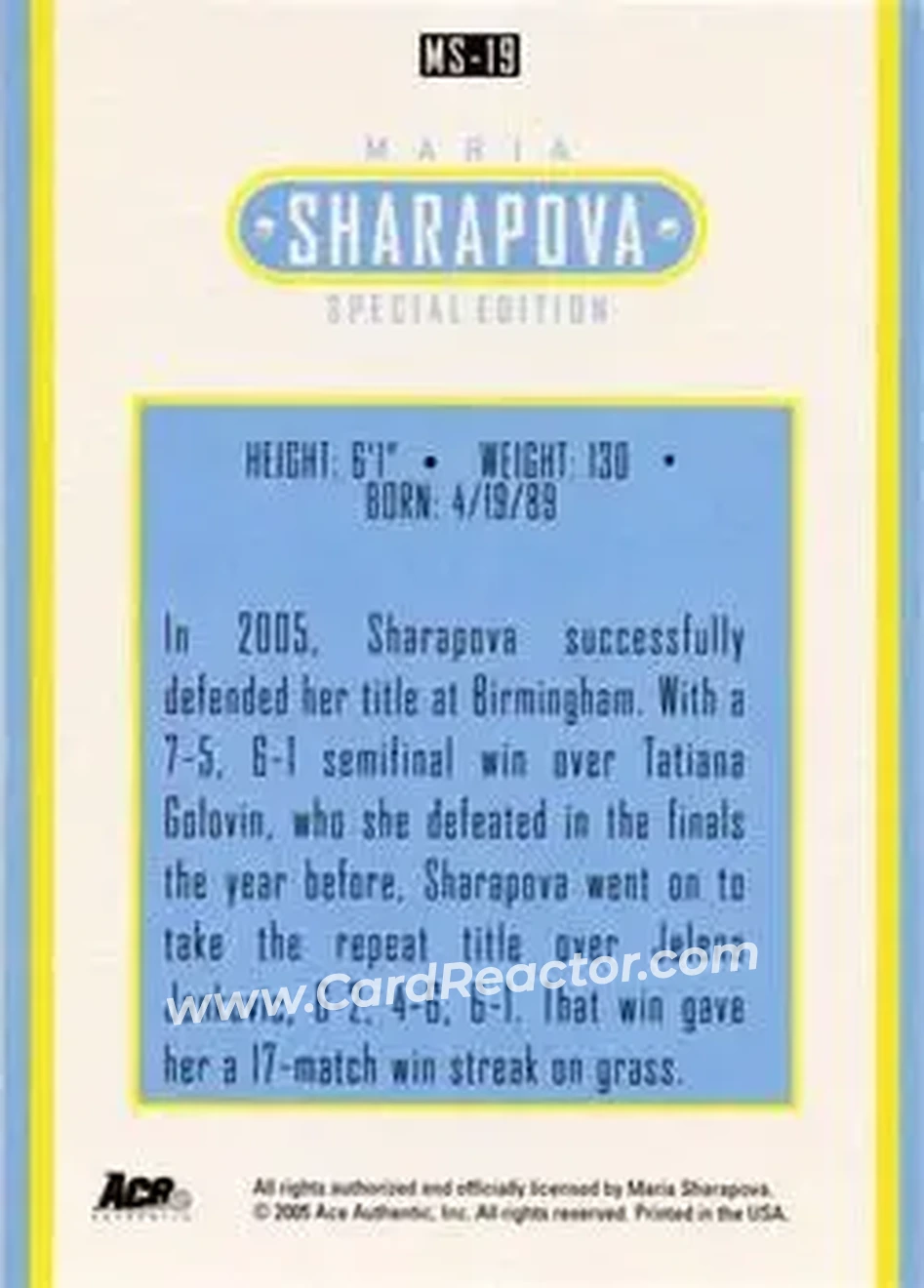2005 Ace Authentic Sharapova SE #MS-19 - Maria Sharapova - Back