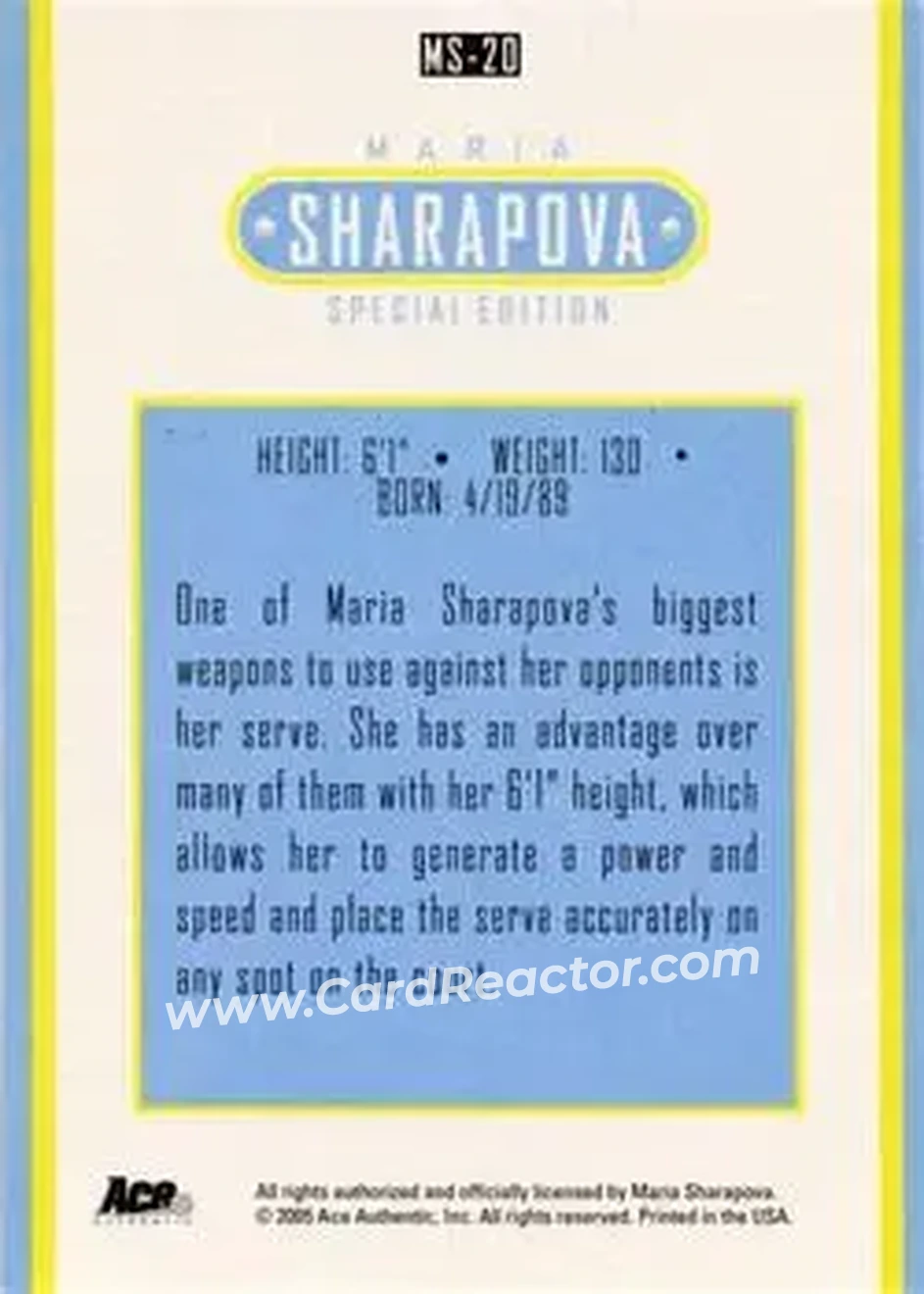 2005 Ace Authentic Sharapova SE #MS-20 - Maria Sharapova - Back 2005 Ace Authentic Sharapova SE #MS-20 - Maria Sharapova - Back